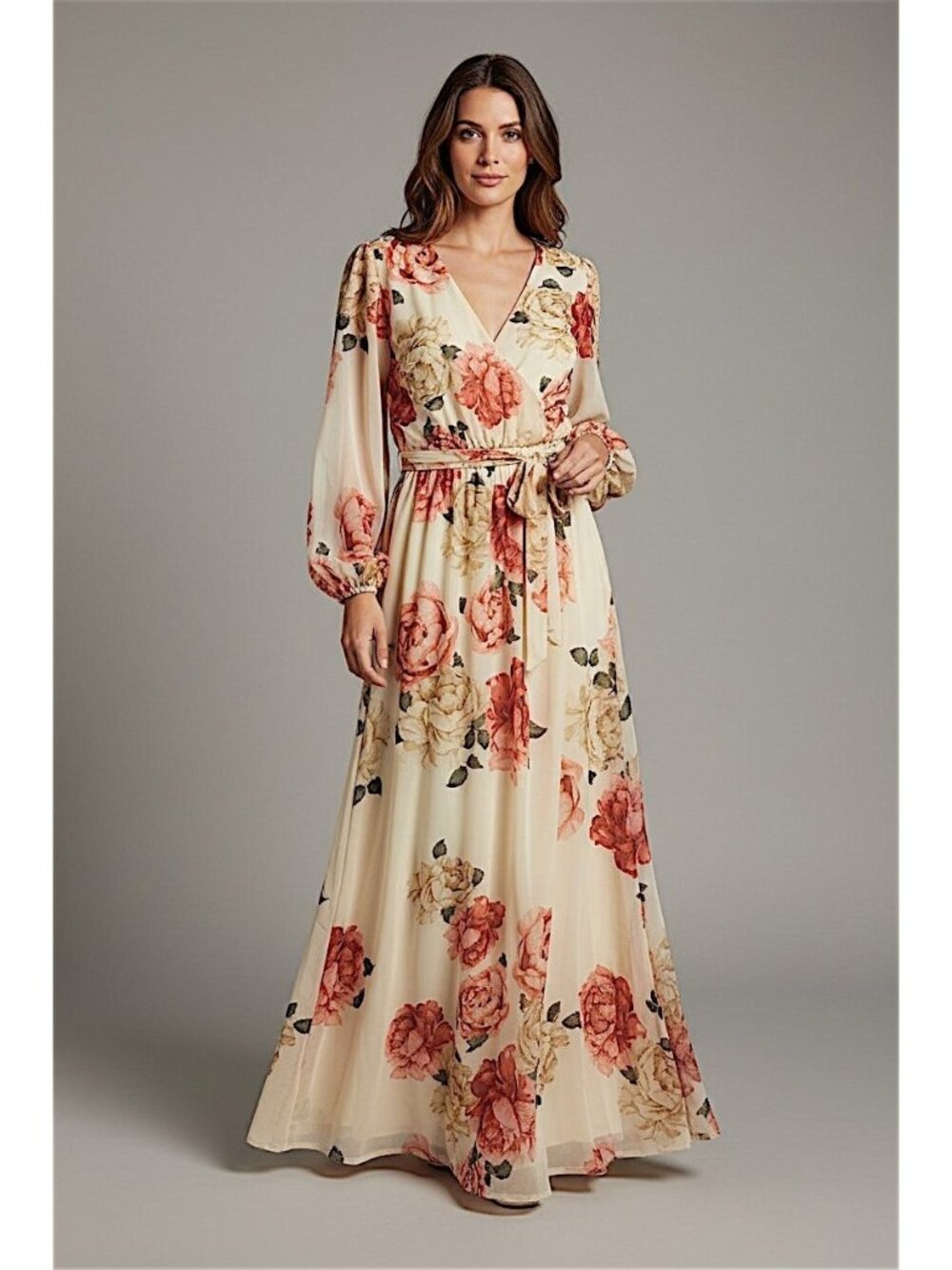 Premer Amour V Neck Long Sleeve Puffer Chiffon Maxi Dress Floral Sheer Lined 10